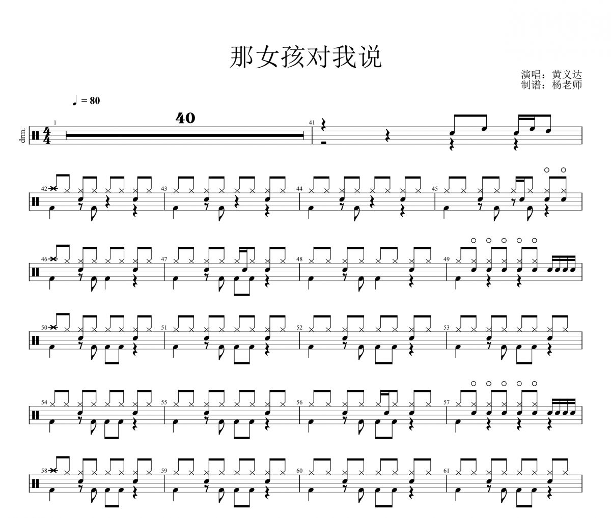 黃義達《那女孩對我說》架子鼓|爵士鼓|鼓譜 楊老師制譜