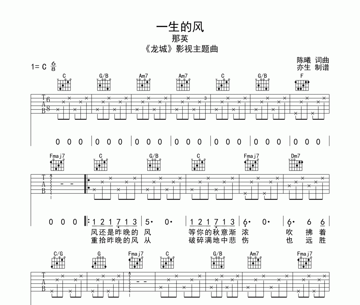 一生的風吉他譜 那英《一生的風》C調和弦指法演奏彈唱譜