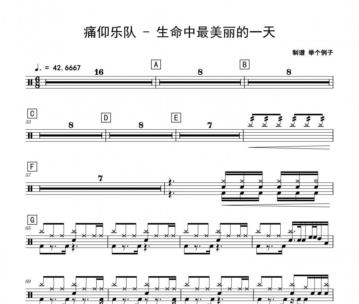 痛仰樂隊《生命中最美麗的一天》架子鼓|爵士鼓|鼓譜 鼓譜