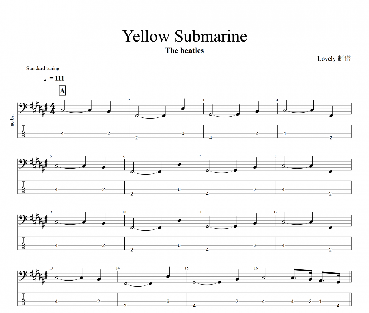 Yellow Submarine 貝斯譜 The Beatles《Yellow Submarine》貝司BASS譜