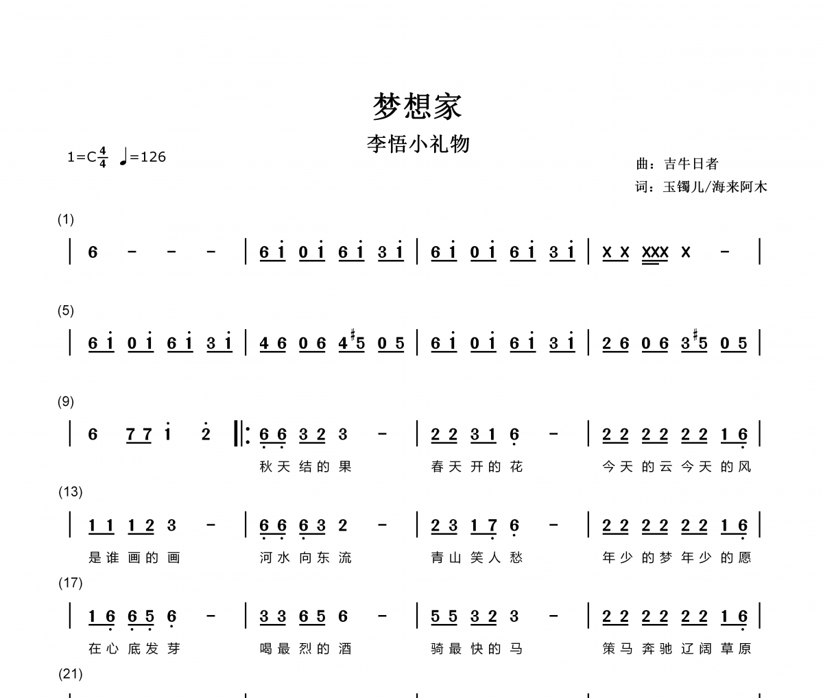 夢想家簡譜 李悟小禮物《夢想家》簡譜C調
