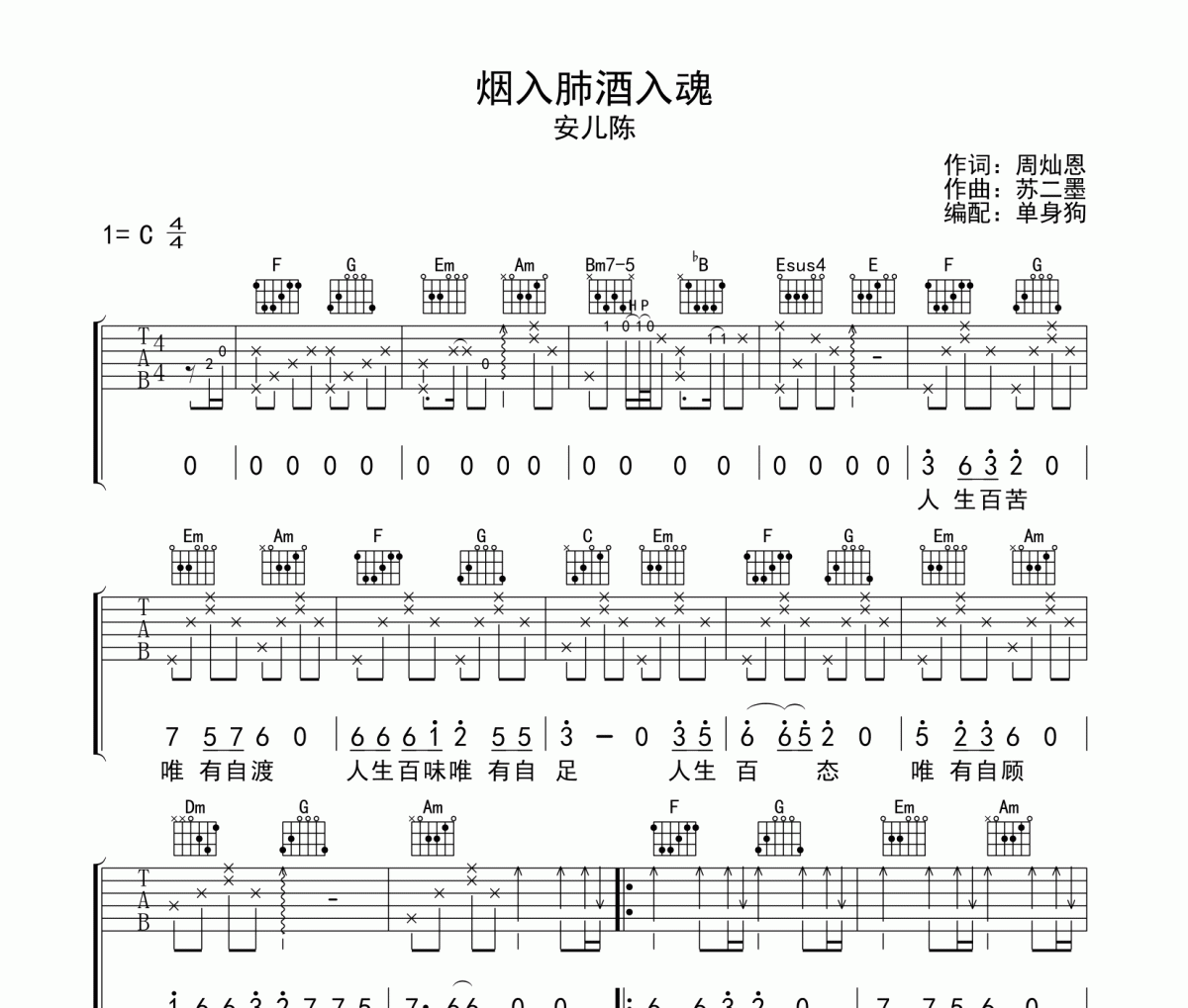 煙入肺酒入魂吉他譜 安兒陳《煙入肺酒入魂》C調彈唱譜