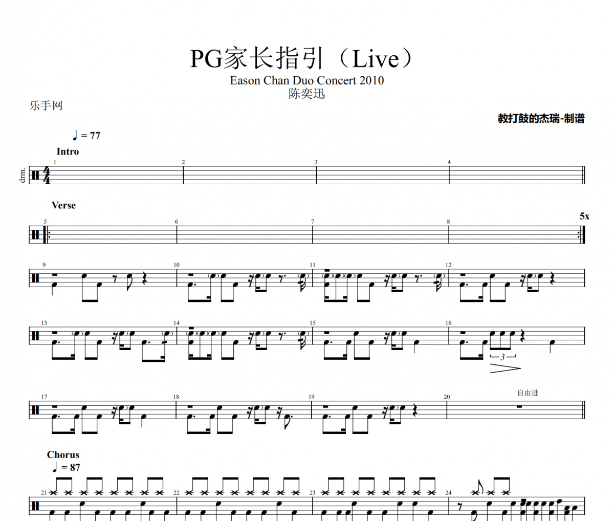 PG家長指引鼓譜 陳奕迅《PG家長指引》(Live)架子鼓|爵士鼓|鼓譜