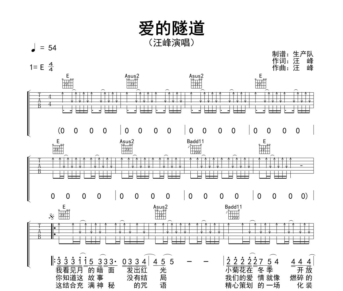 愛的隧道吉他譜 汪峰《愛的隧道》六線譜E調(diào)吉他譜