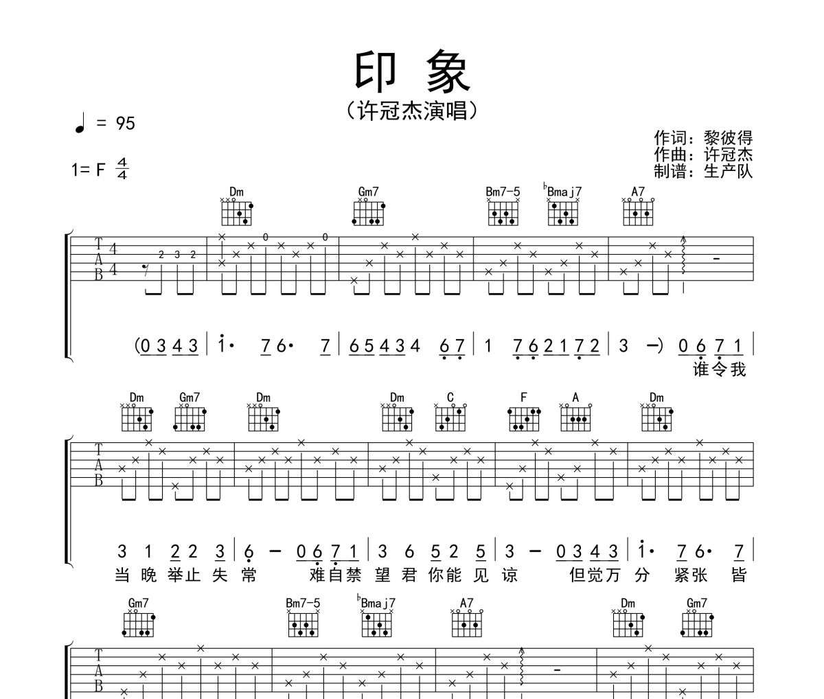 印象吉他譜 許冠杰《印象》六線譜F調(diào)吉他譜