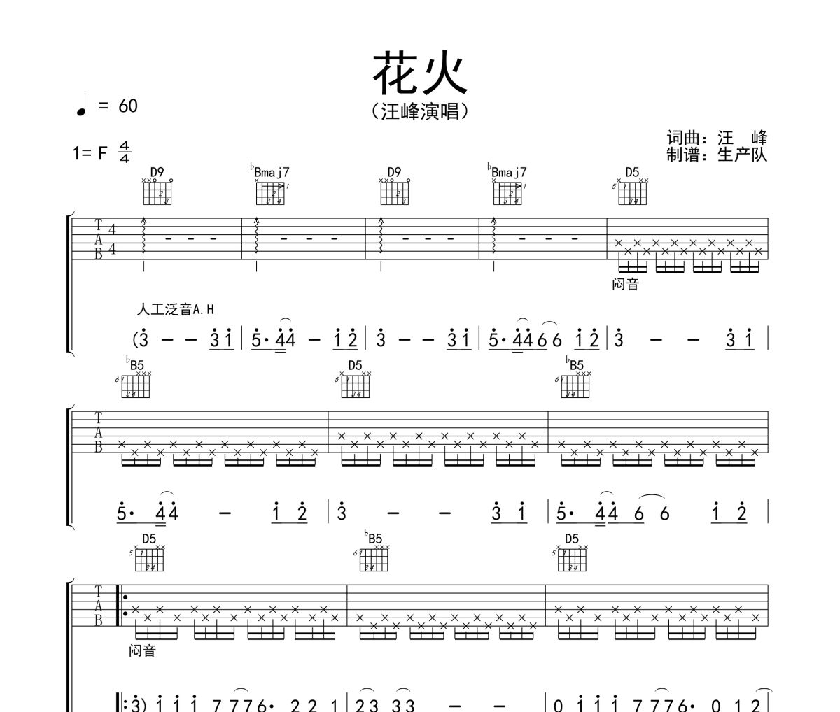 花火吉他譜 汪峰《花火》六線譜F調吉他譜