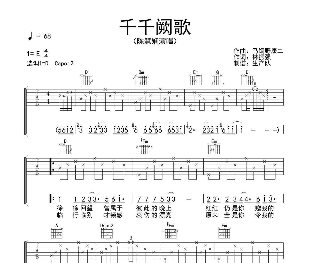 千千闕歌吉他譜 陳慧嫻《千千闕歌》六線譜D調吉他譜