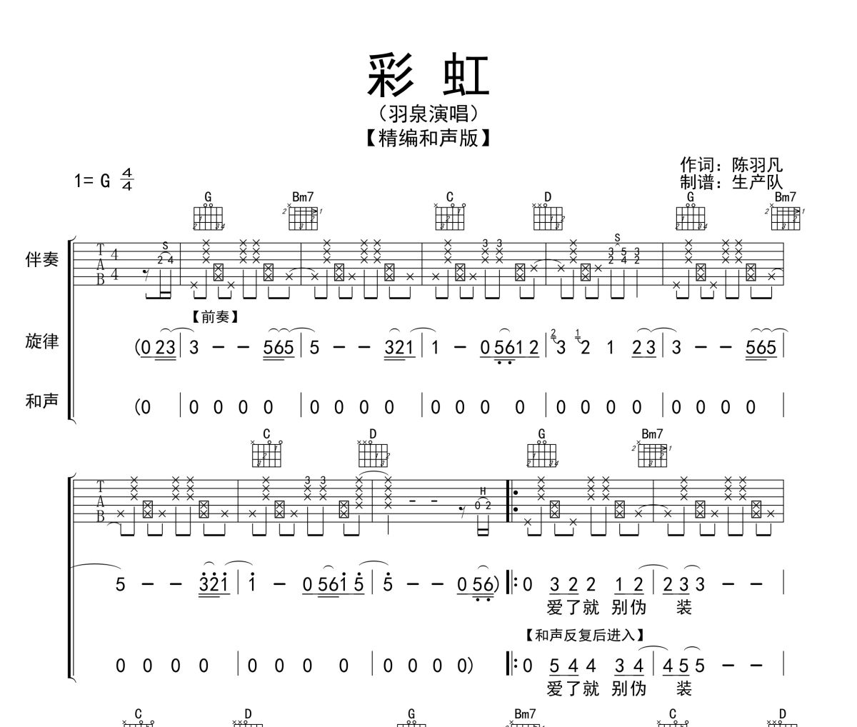 彩虹吉他譜 羽泉-彩虹(和聲版)六線譜|吉他譜