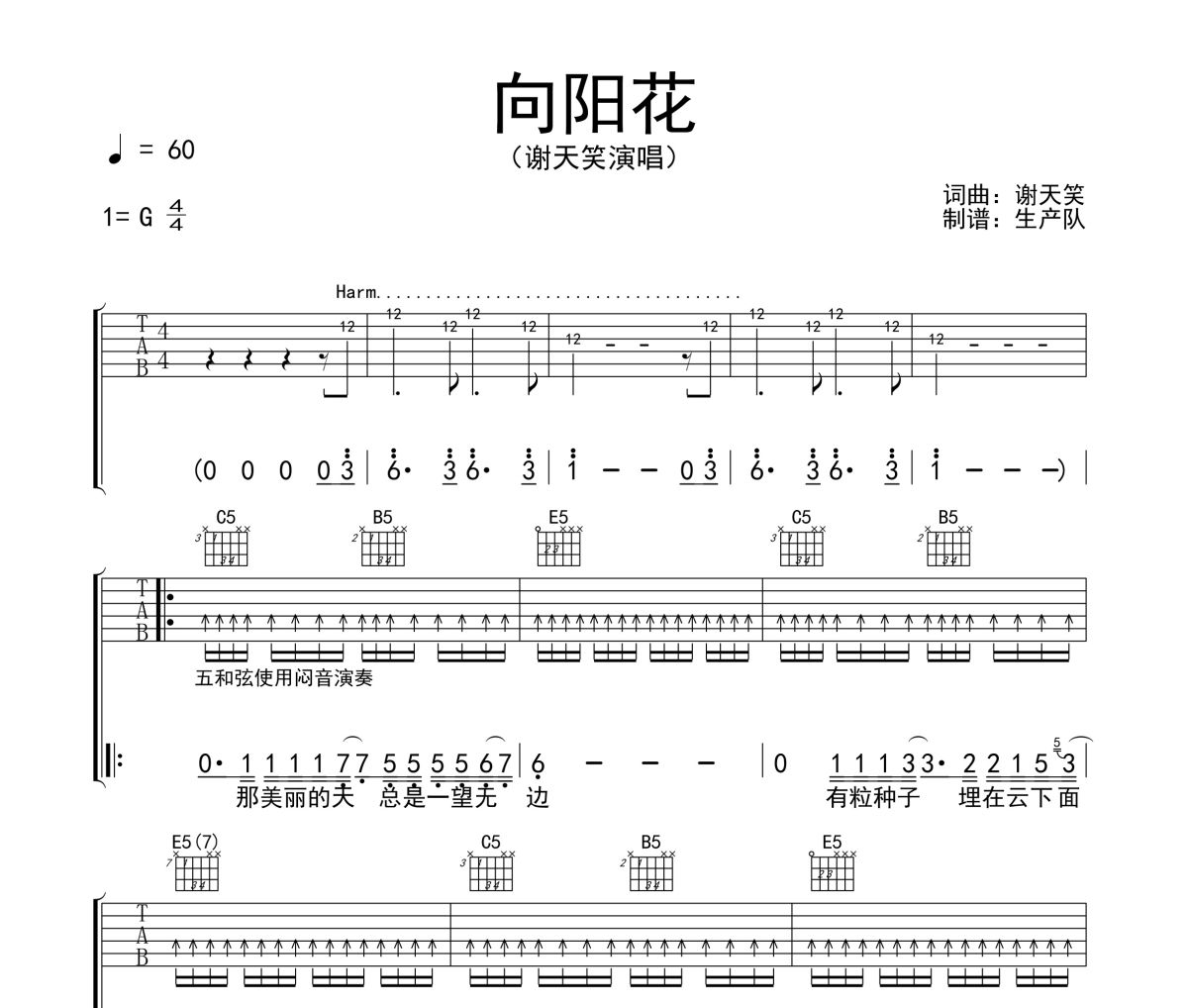 向陽花吉他譜 謝天笑《向陽花》六線譜G調(diào)吉他譜