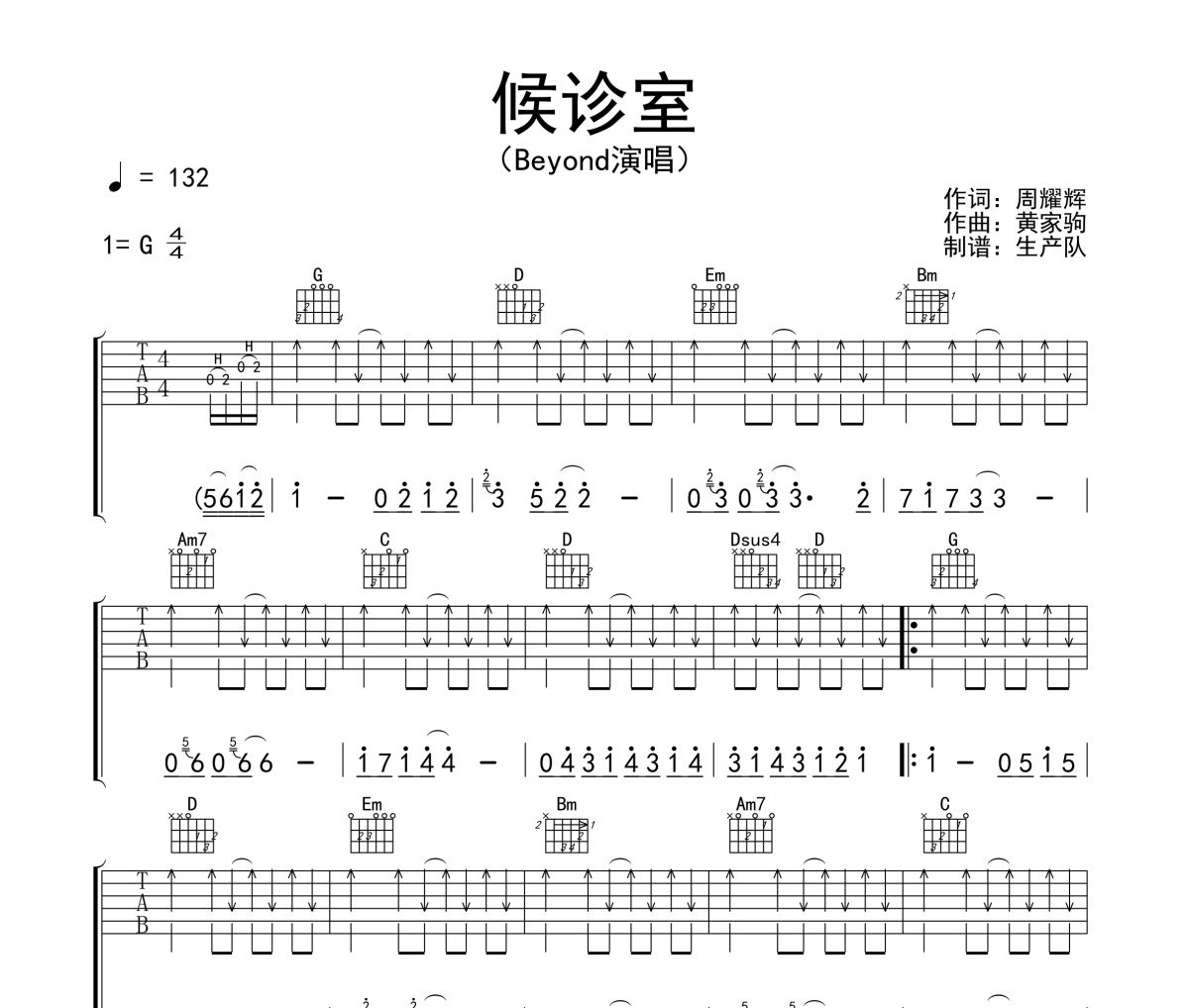 候診室吉他譜 Beyond《候診室》六線譜G調(diào)吉他譜