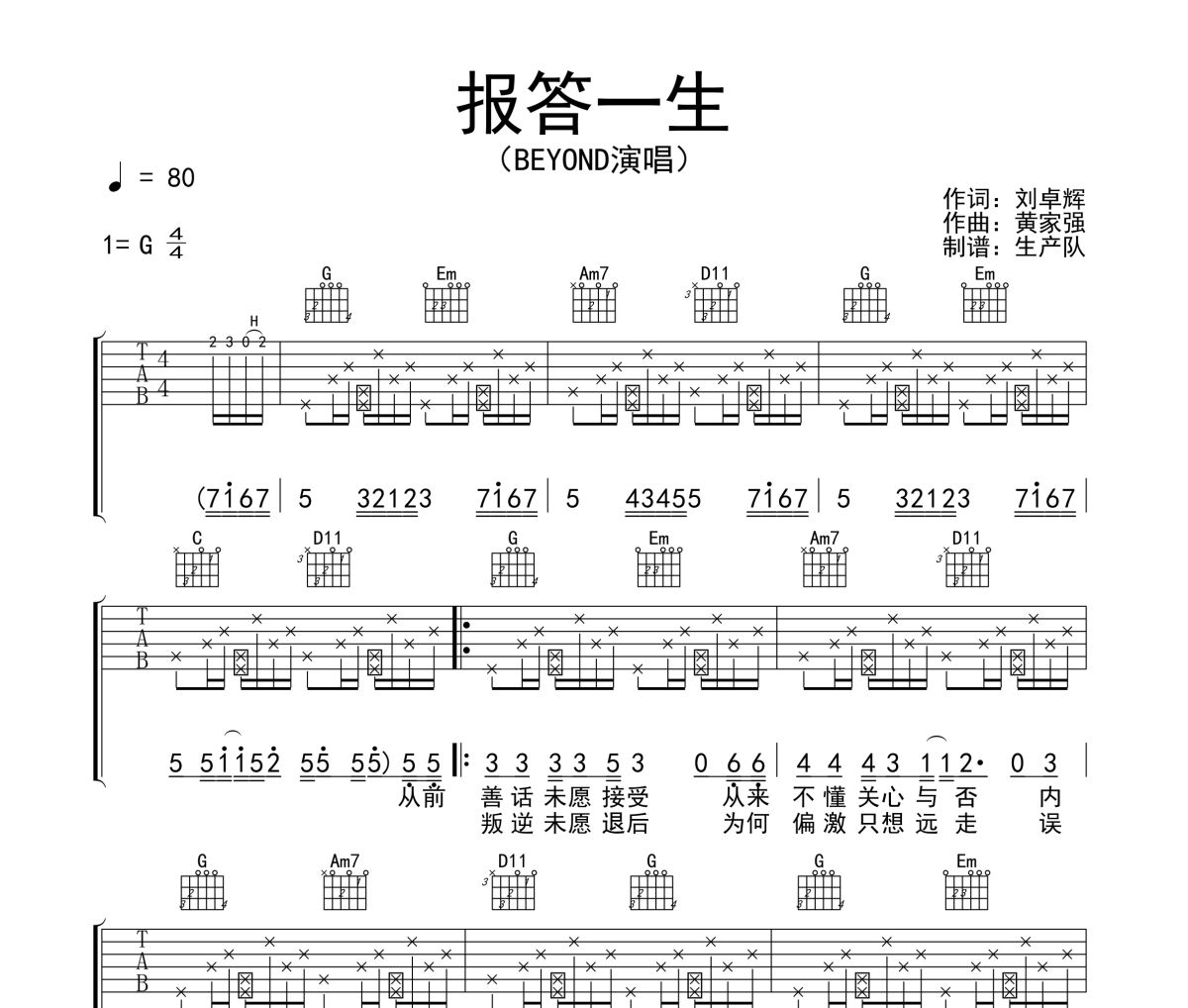報答一生吉他譜 Beyond《報答一生》六線譜G調吉他譜