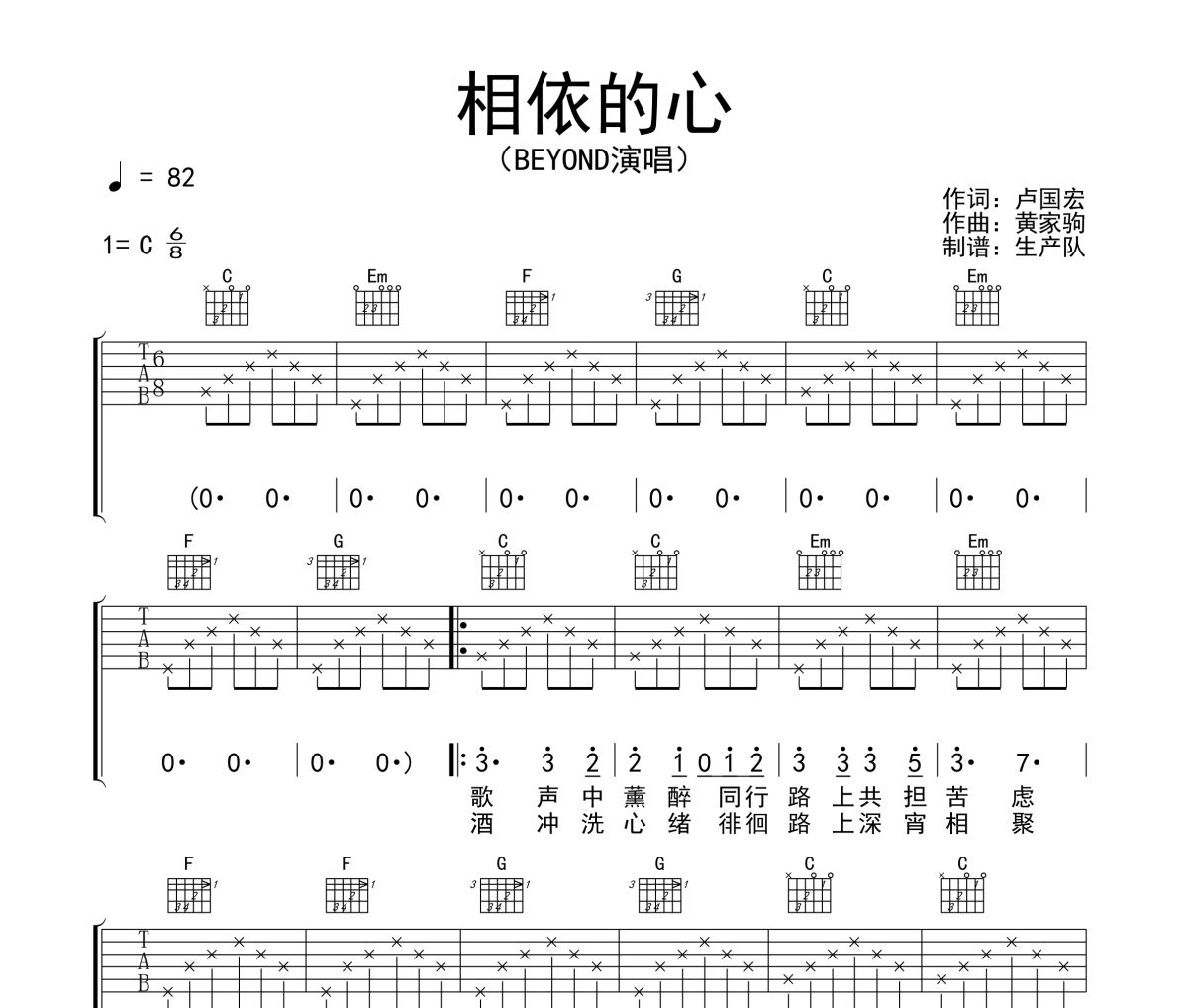相依的心吉他譜 Beyond《相依的心》六線譜G調吉他譜