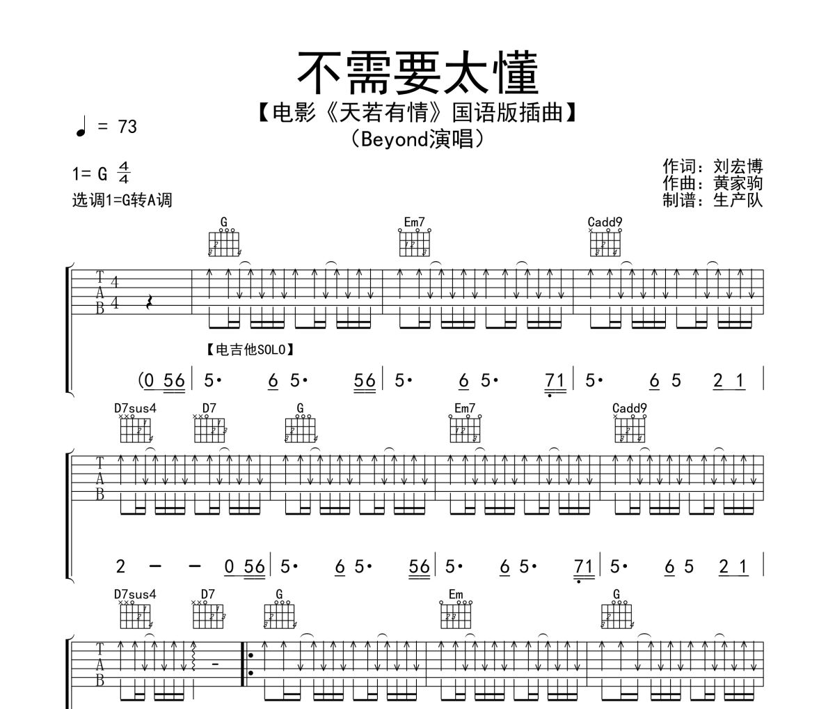不需要太懂吉他譜 Beyond《不需要太懂》六線譜G調吉他譜