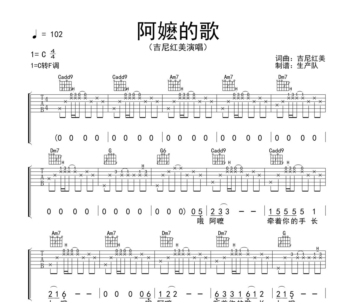 阿嬤的歌吉他譜 吉尼紅美《阿嬤的歌》六線譜C調吉他譜
