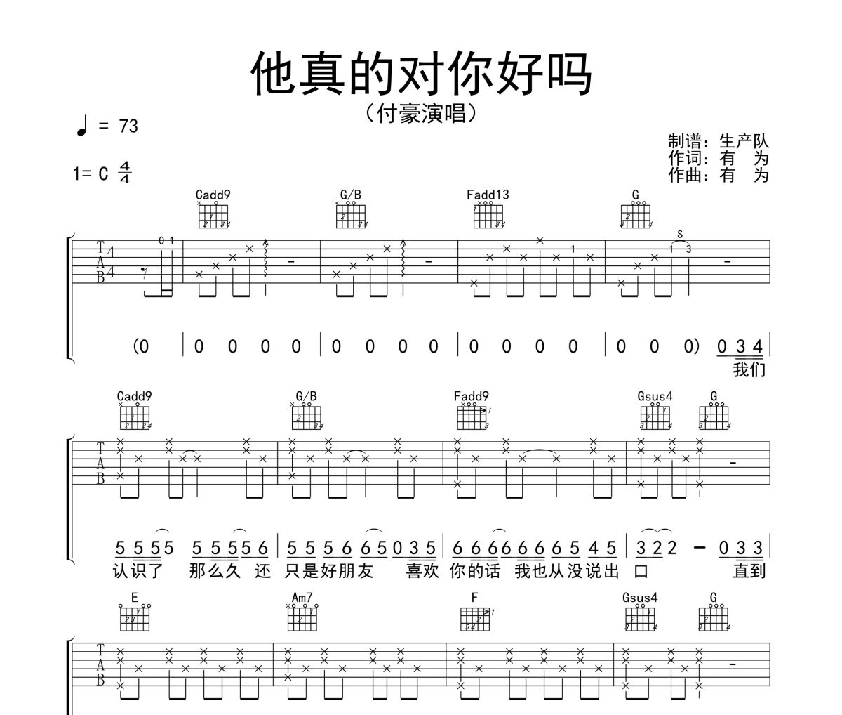 他真的對你好嗎吉他譜 付豪《他真的對你好嗎》C調彈唱譜