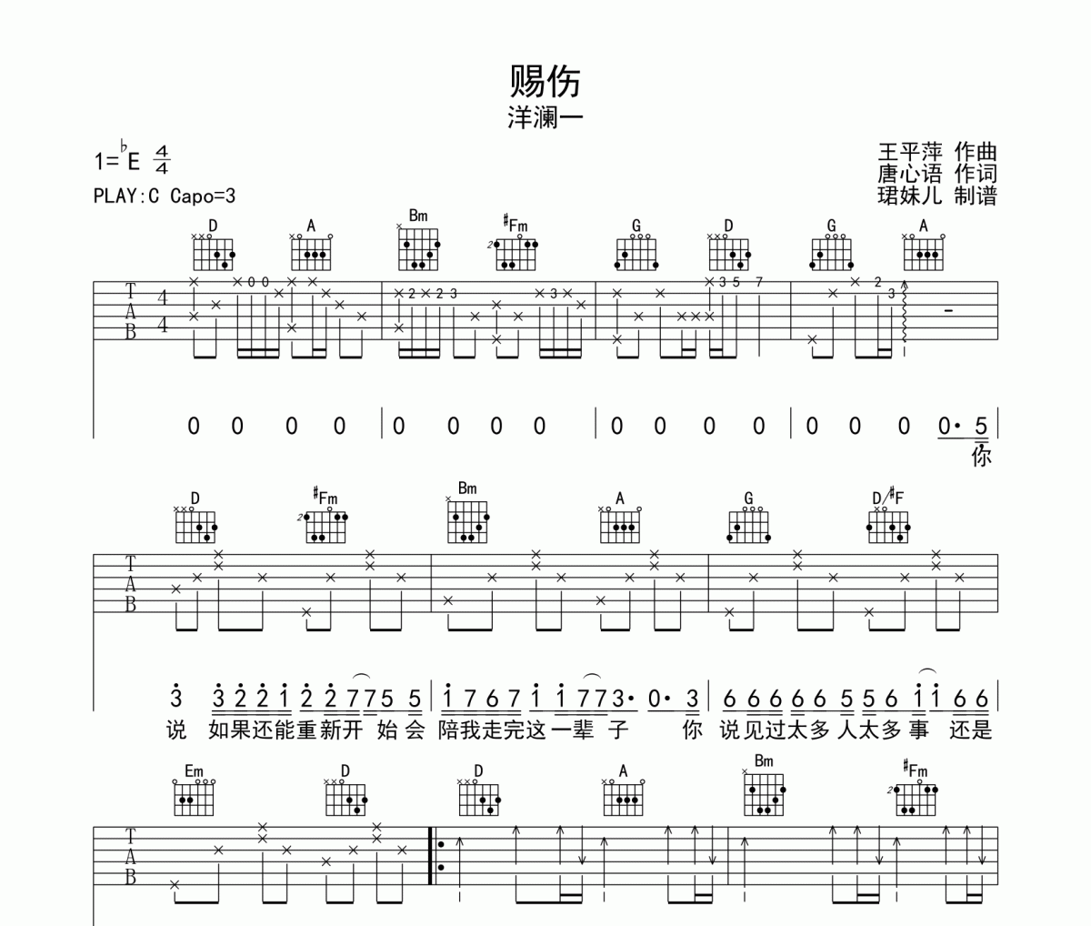 賜傷吉他譜 洋瀾一《賜傷》C調(diào)指法編彈唱譜