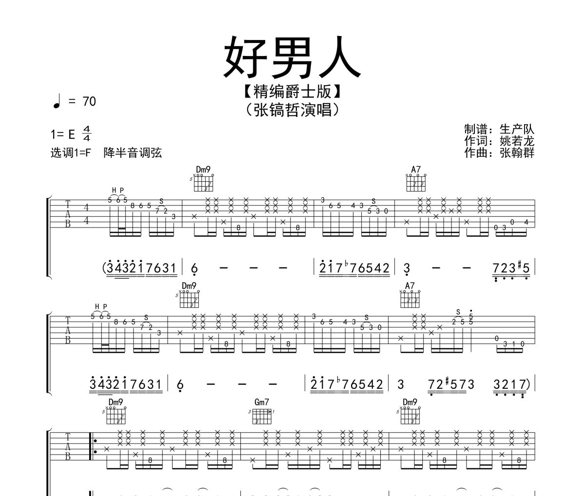 好男人吉他譜 張鎬哲《好男人》(爵士版)六線譜F調吉他譜