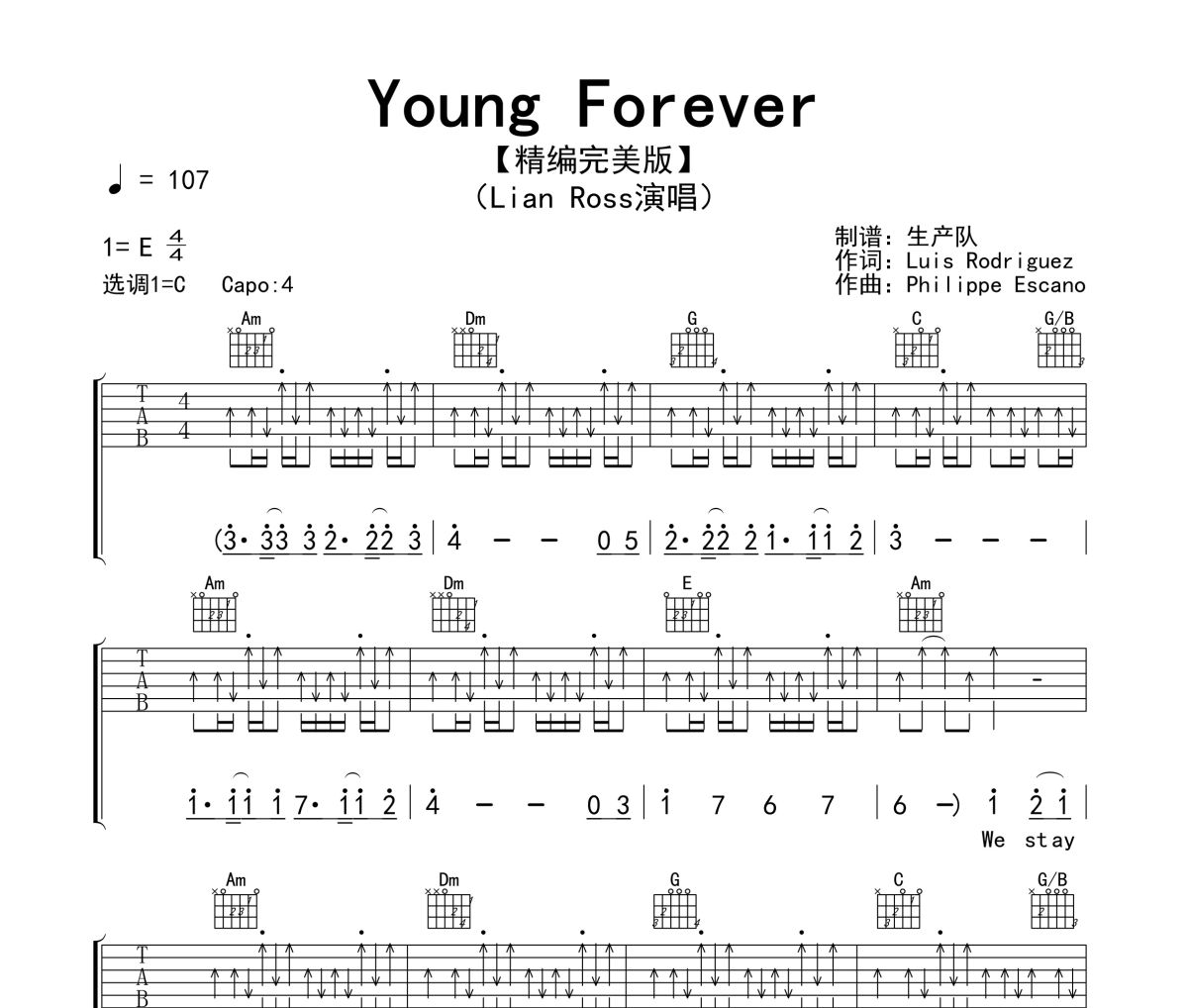 Young Forever吉他譜 Lian Ross《Young Forever》六線譜C調吉他譜
