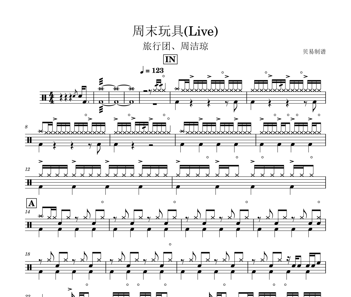 周末玩具(Live) 鼓譜 旅行團、周潔瓊-周末玩具(Live)架子鼓|爵士鼓|鼓譜