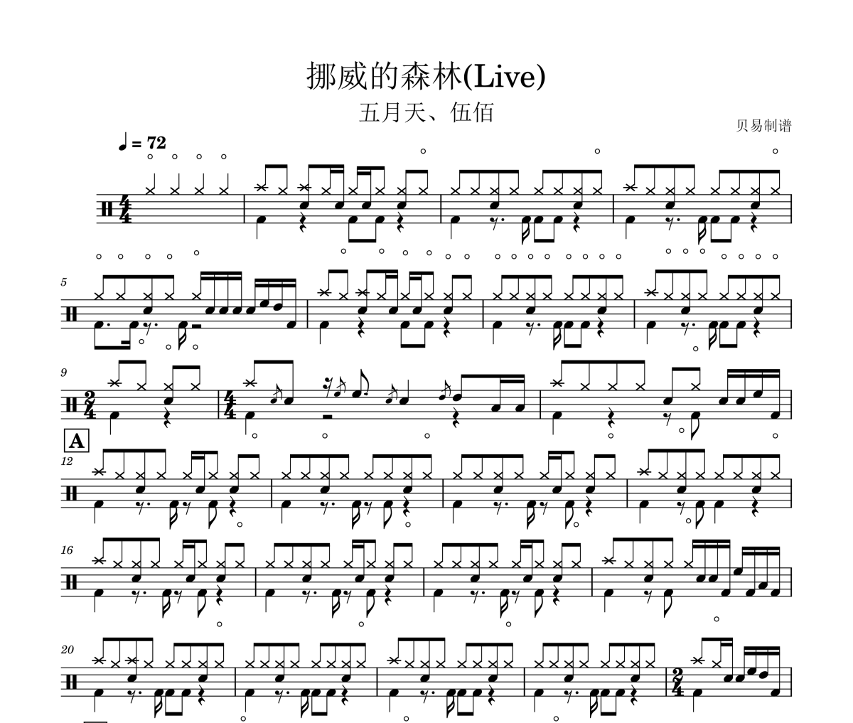 挪威的森林鼓譜 五月天、伍佰-挪威的森林(Live) 架子鼓|爵士鼓|鼓譜