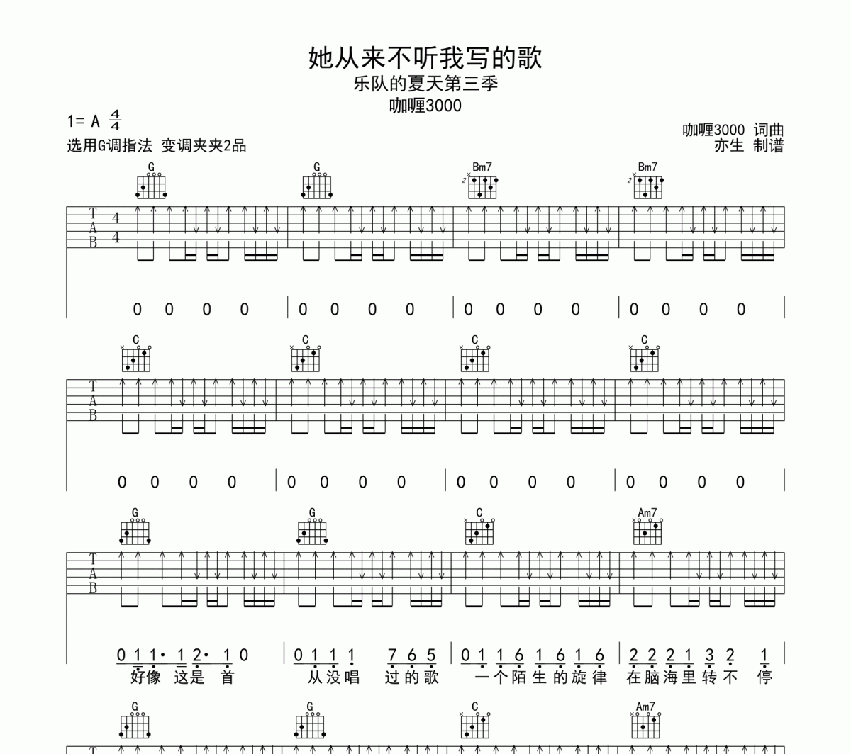 她從來不聽我寫的歌吉他譜 咖喱3000《她從來不聽我寫的歌》六線譜|吉他譜G調