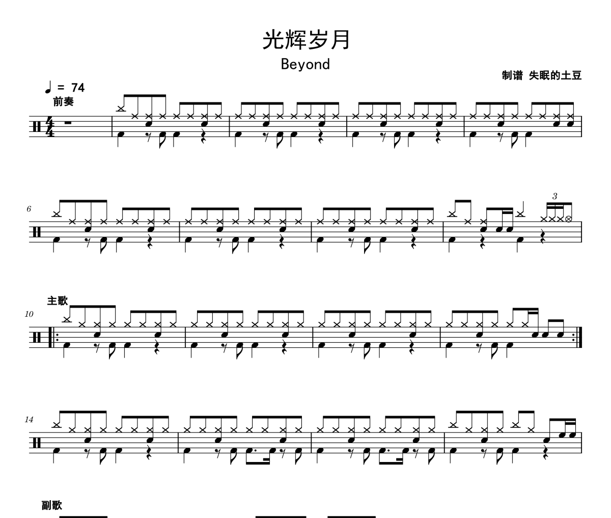 Beyond樂隊-光輝歲月架子鼓譜 吉他上的架子鼓制譜