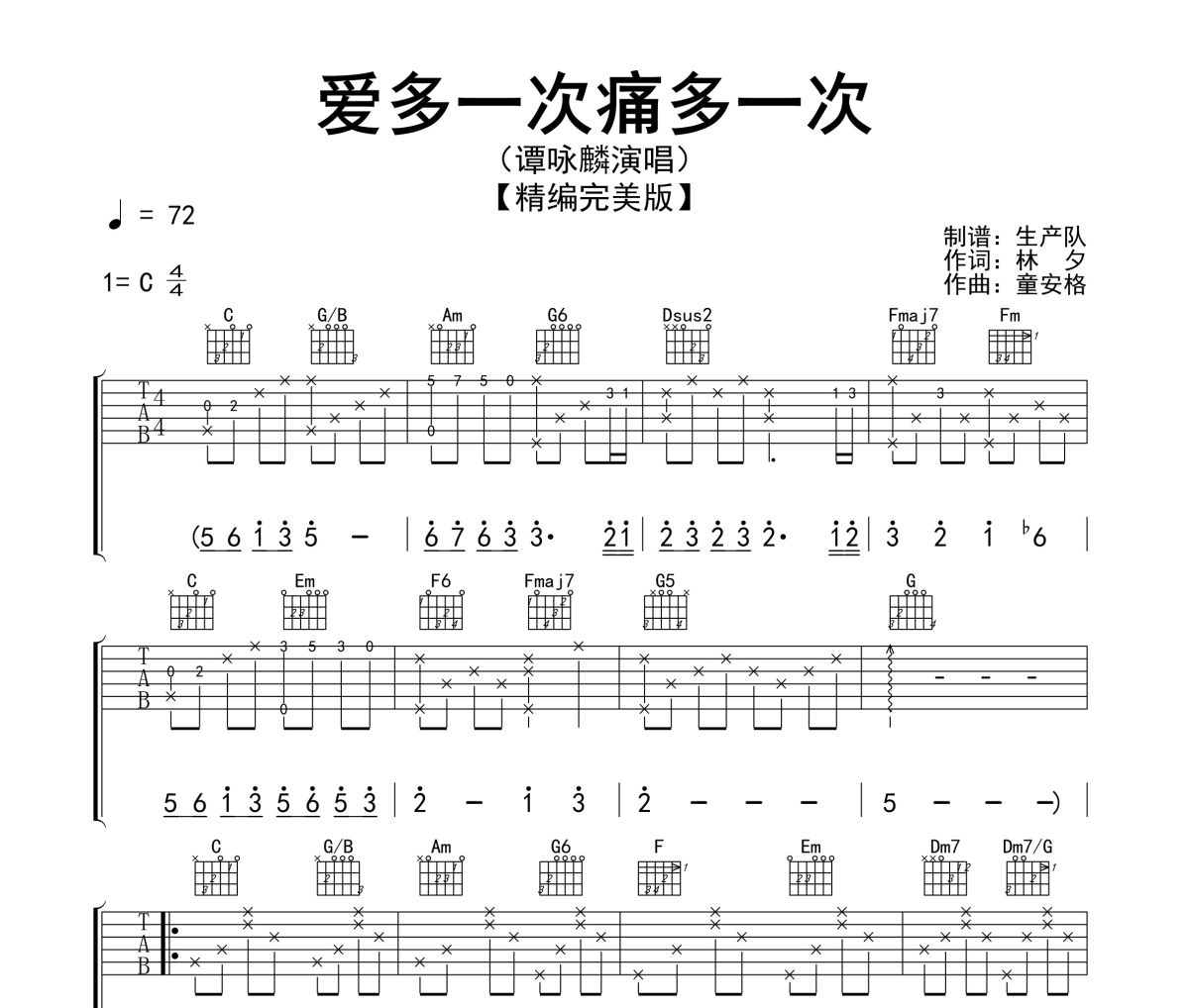 愛多一次痛多一次吉他譜 譚詠麟-愛多一次痛多一次(精編版)六線譜|吉他譜