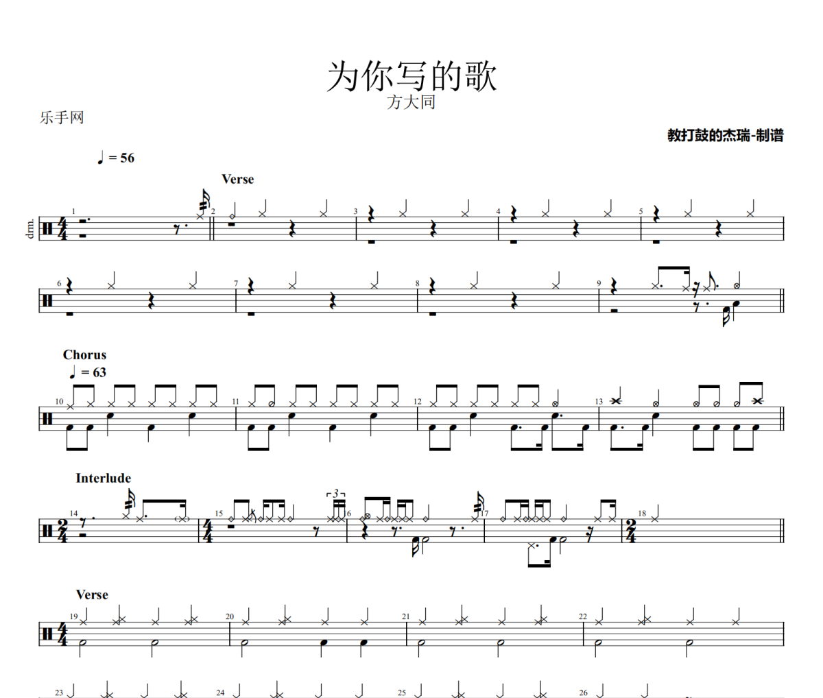 為你寫的歌鼓譜 方大同《為你寫的歌》架子鼓|爵士鼓|鼓譜