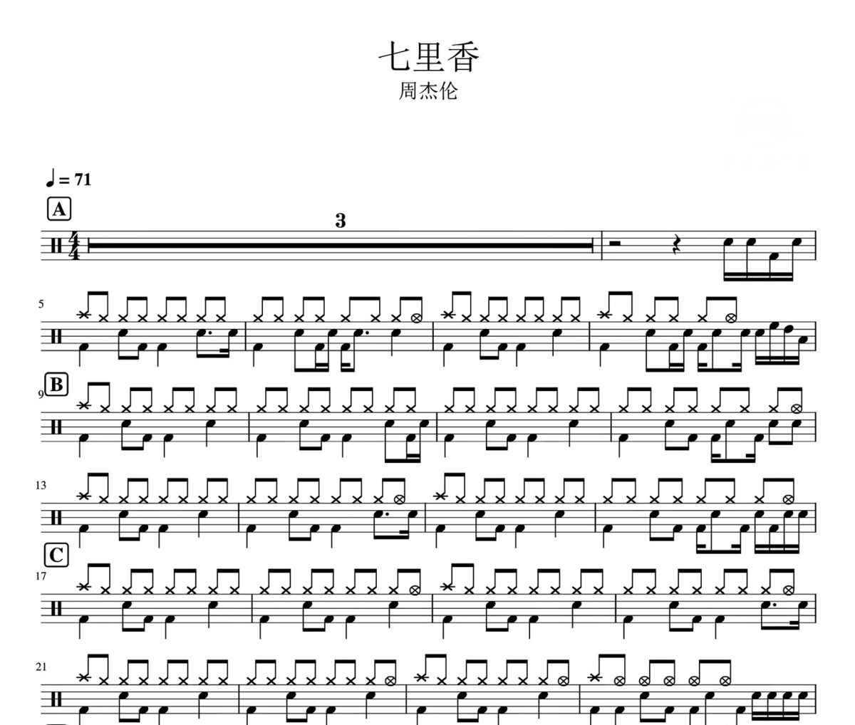 七里香鼓譜 周杰倫-七里香爵士鼓鼓譜