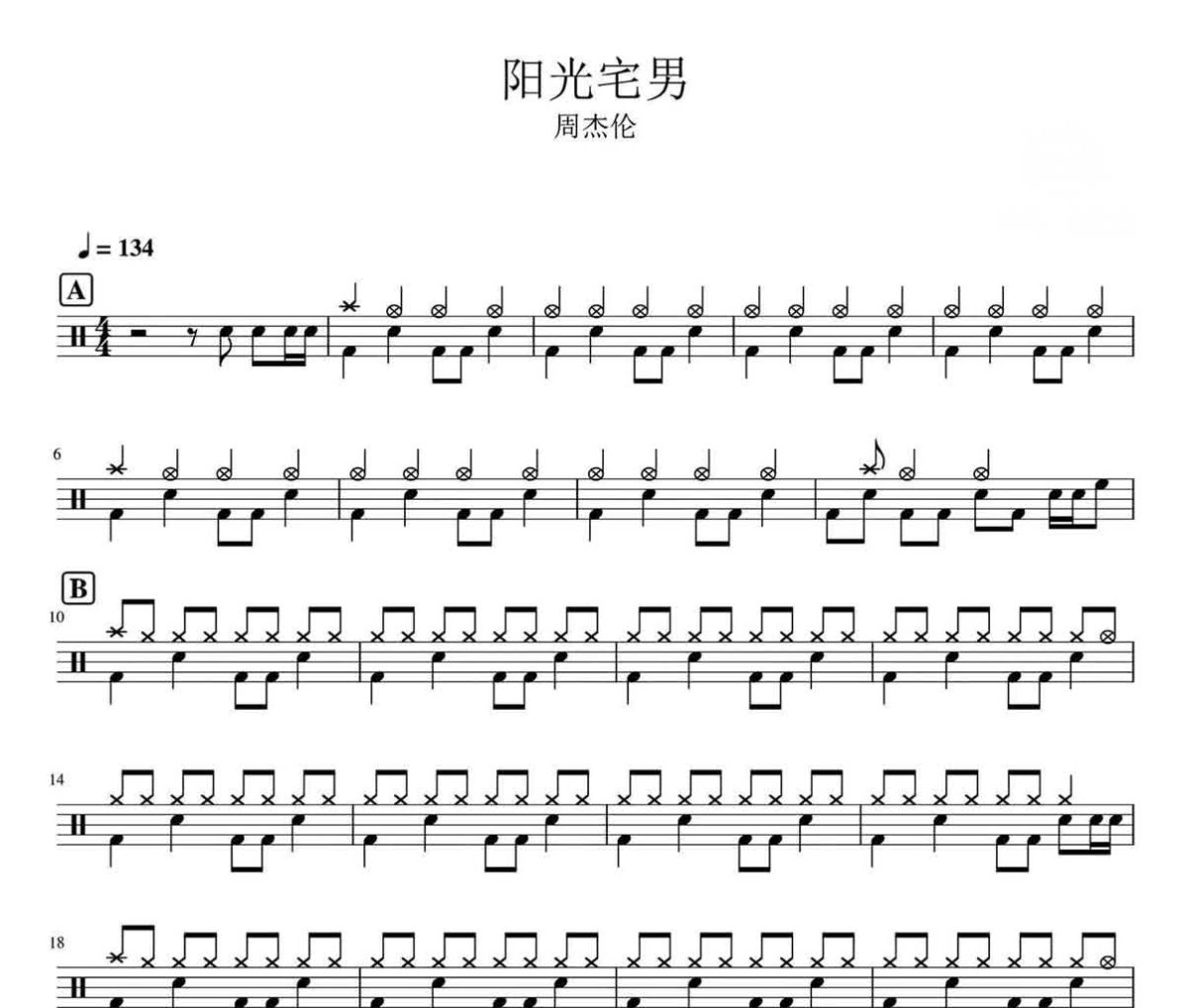 阳光宅男鼓谱 周杰伦-阳光宅男爵士鼓鼓谱