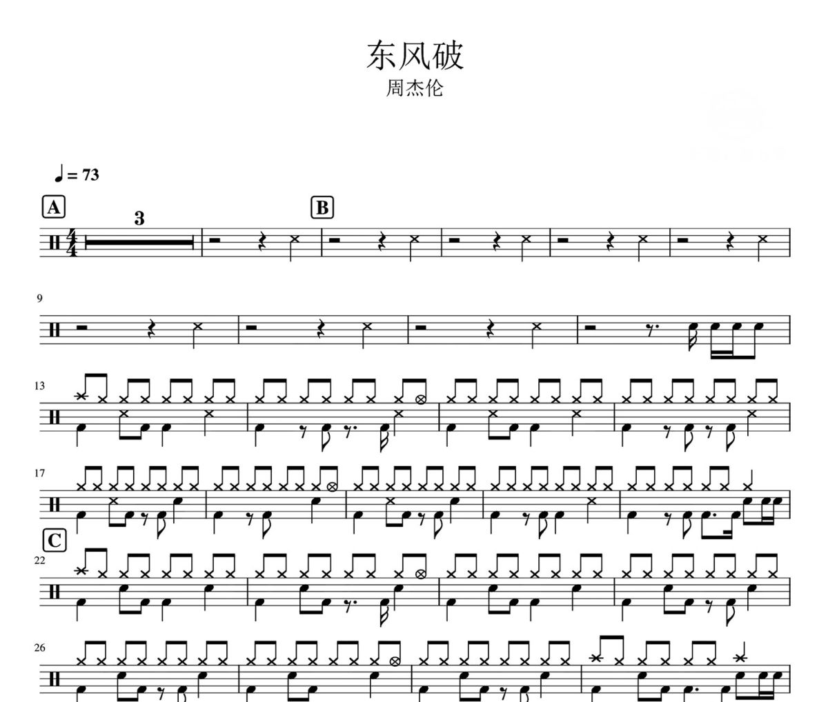 东风破鼓谱 周杰伦-东风破架子鼓|爵士鼓|鼓谱