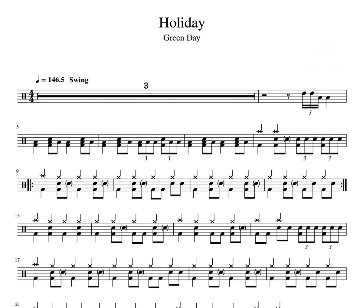 Holiday 鼓谱 Green Day-Holiday架子鼓|爵士鼓|鼓谱