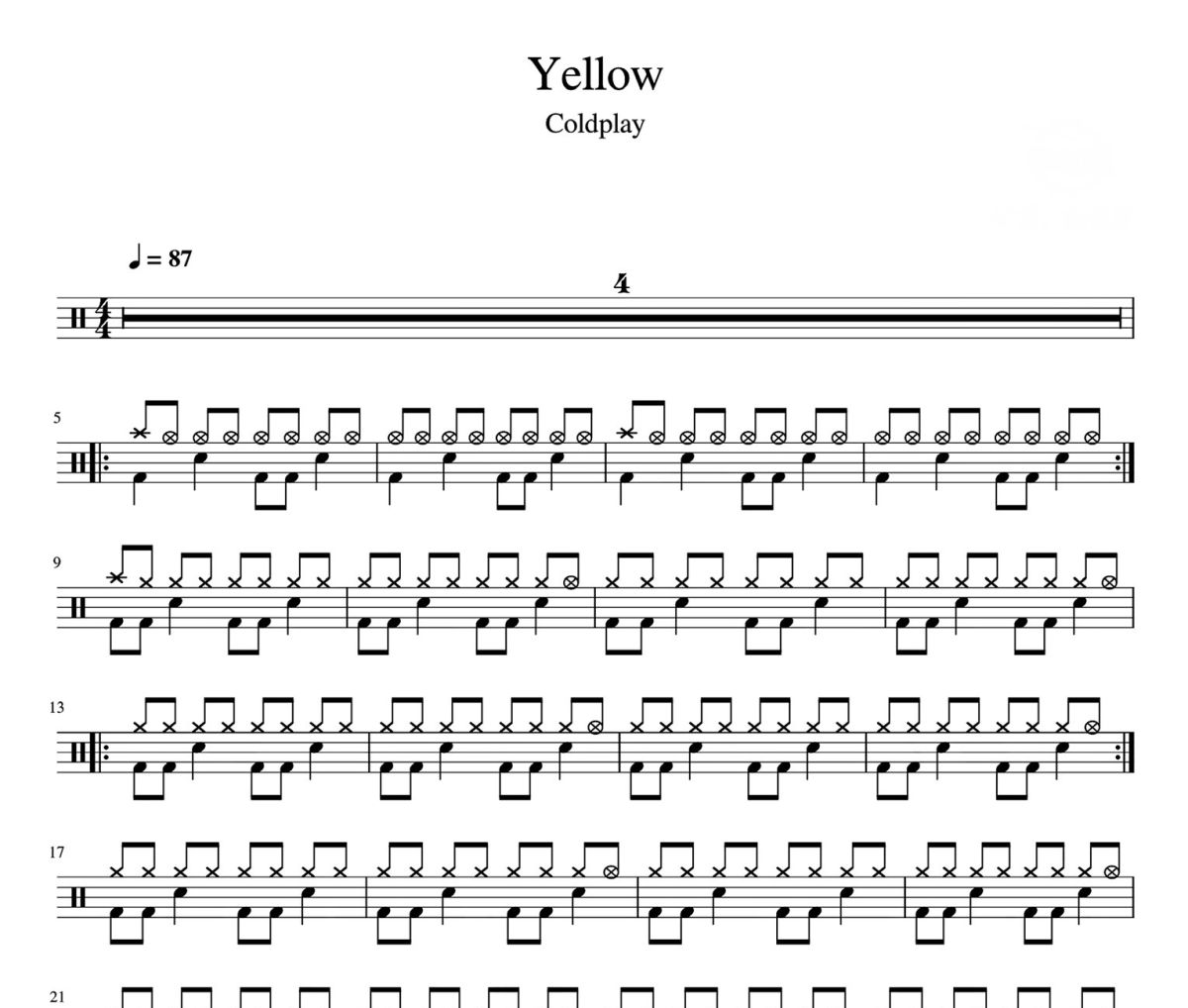 Yellow 鼓谱 Coldplay-Yellow架子鼓|爵士鼓|鼓谱