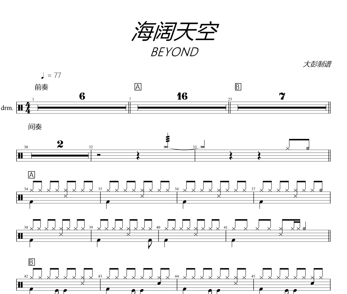 海闊天空鼓譜 Beyond《海闊天空》架子鼓鼓譜+動態視頻