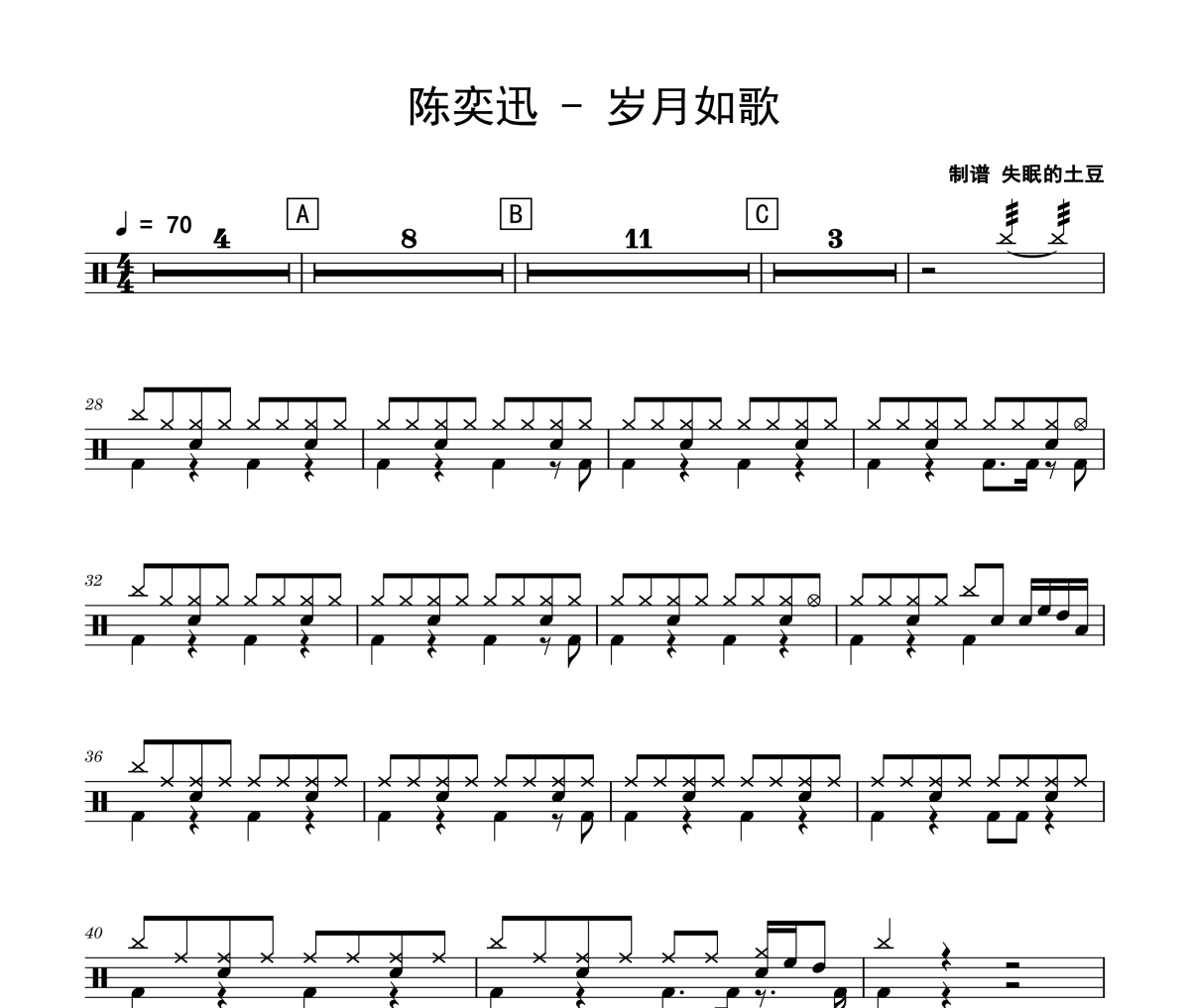 歲月如歌鼓譜 陳奕迅《歲月如歌》架子鼓|爵士鼓|鼓譜