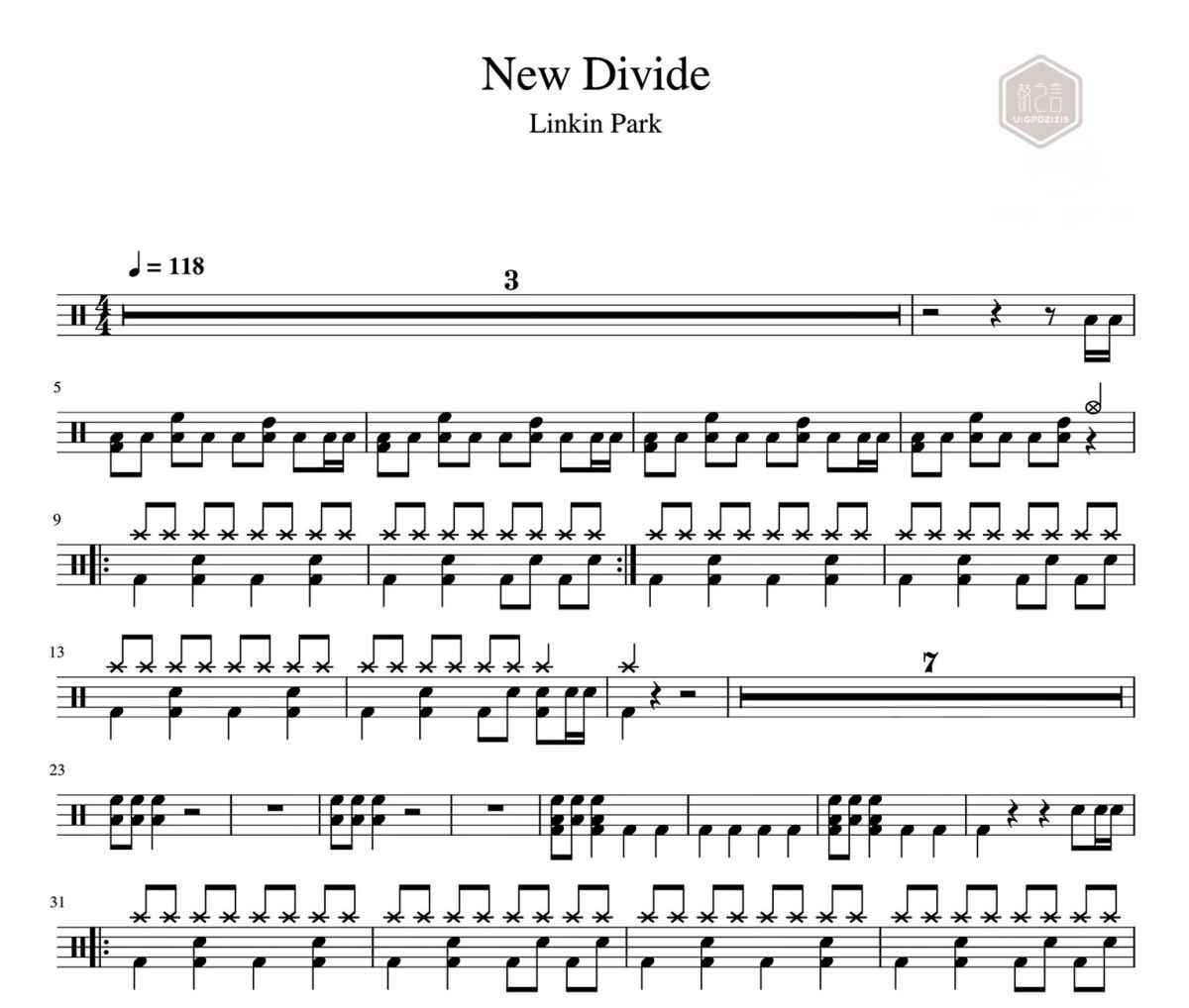 New Divide鼓谱 Linkin Park-New Divide架子鼓|爵士鼓|鼓谱