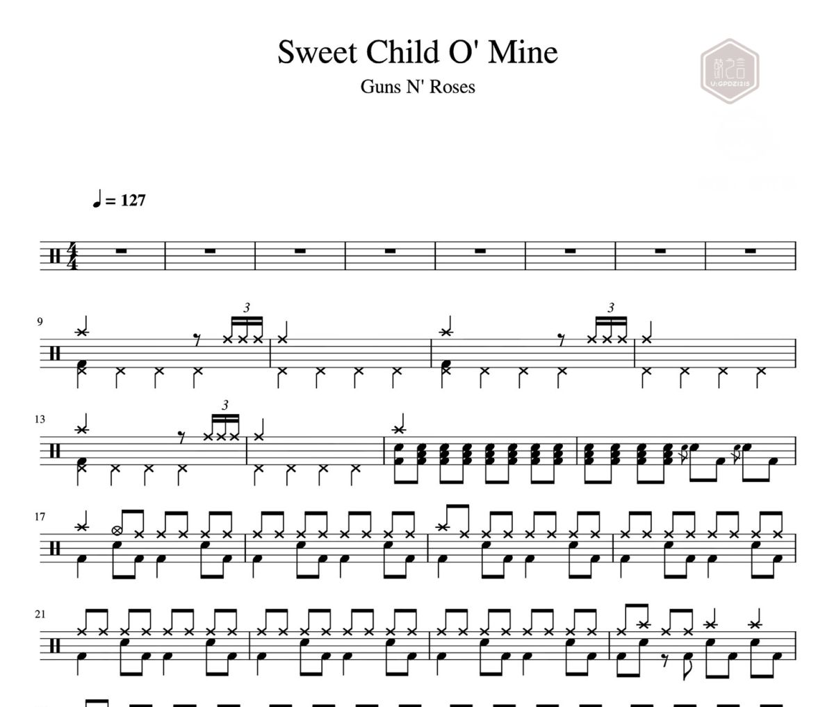 Sweet Child O' Mine 鼓谱 枪炮与玫瑰-Sweet Child O' Mine架子鼓|爵士鼓|鼓谱