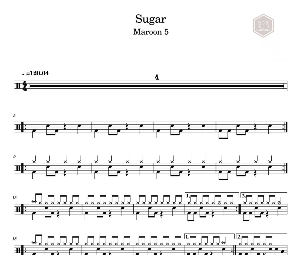Sugar鼓谱 Maroon5乐队《Sugar》架子鼓|爵士鼓|鼓谱