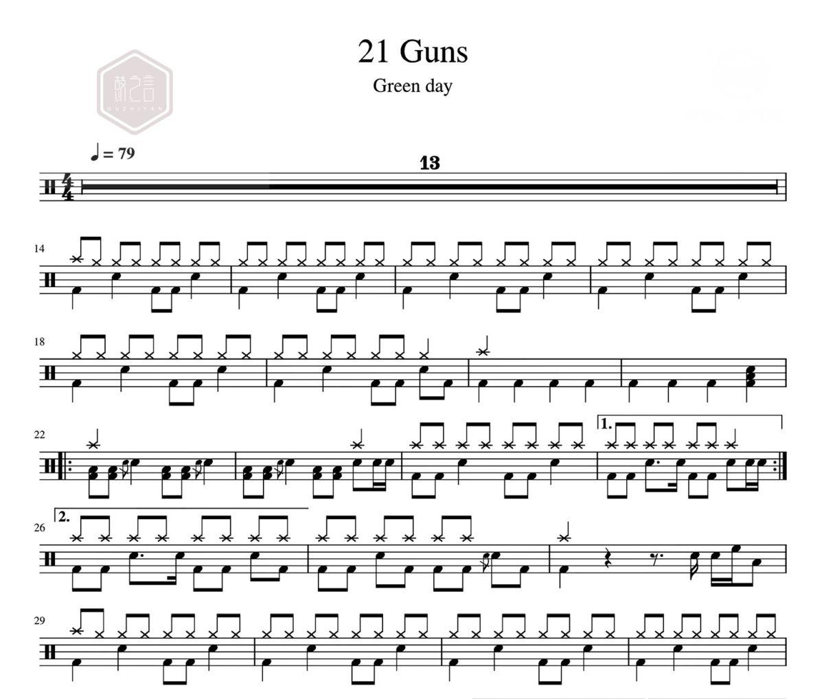 21 Guns鼓譜 Green day-Guns爵士鼓|鼓譜