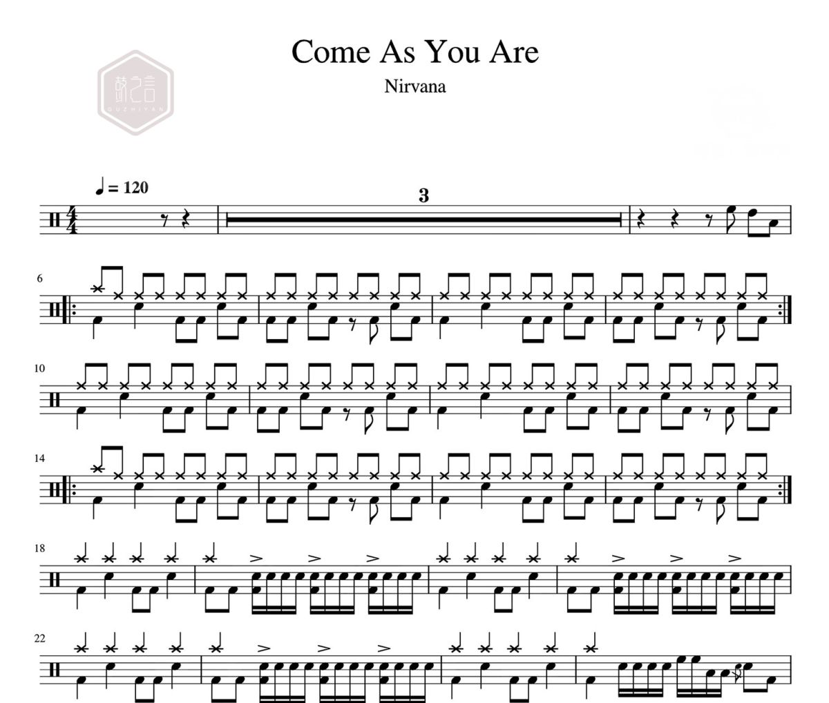 Come As You Are 鼓谱 Nirvana-Come As You Are爵士鼓|鼓谱