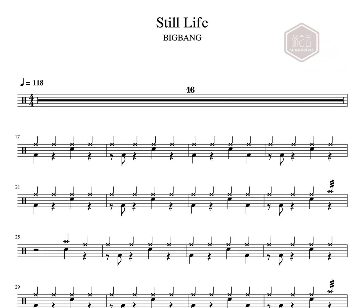 Still Life 鼓譜 BIGBANG-Still Life爵士鼓|鼓譜