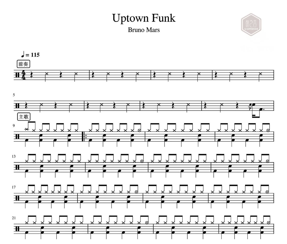 Uptown Funk鼓譜 Bruno Mars-Uptown Funk爵士鼓|鼓譜