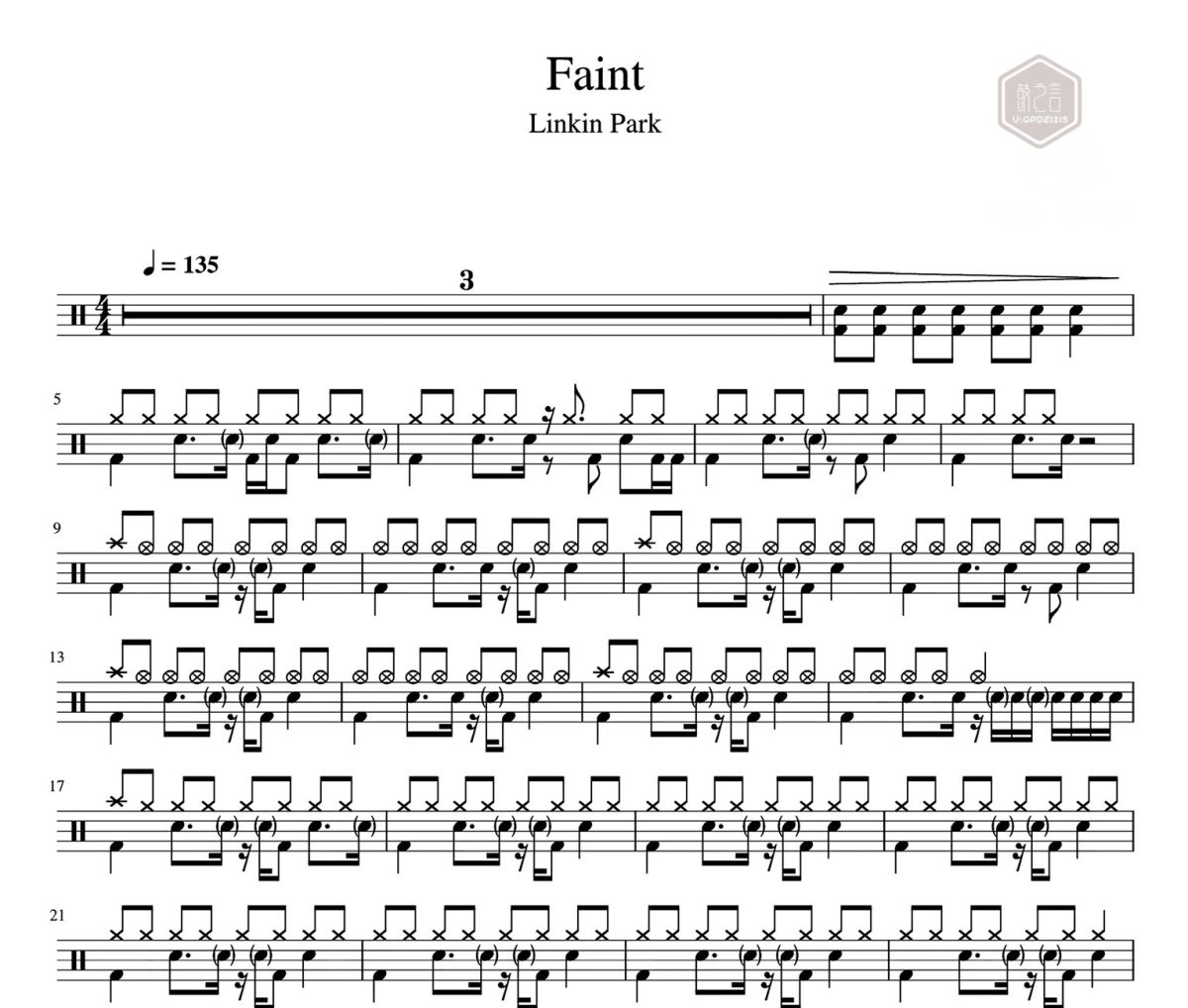 Faint鼓谱 Linkin Park-Faint爵士鼓|鼓谱