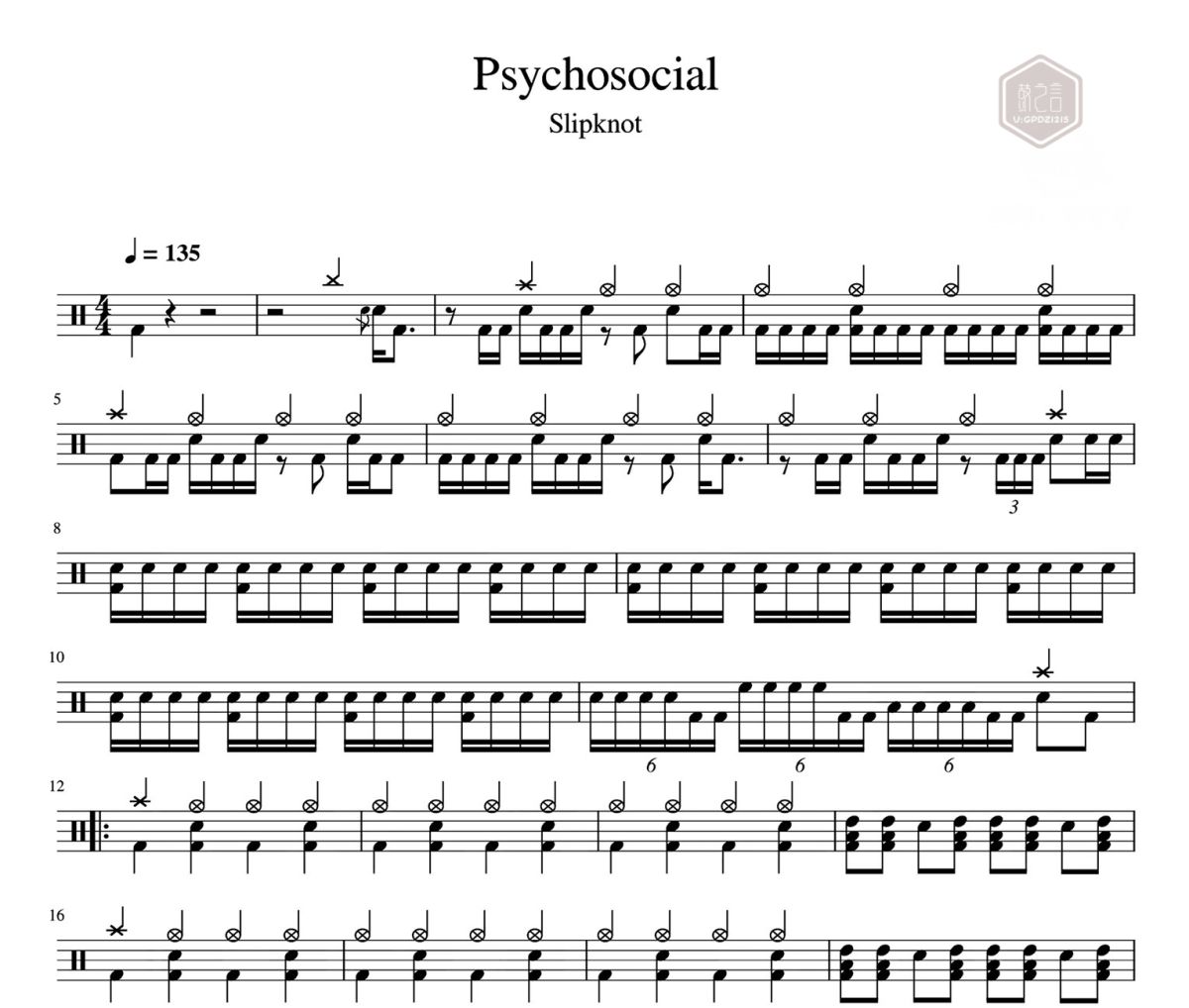 Psychosocial 鼓谱 Slipknot-Psychosocial爵士鼓|鼓谱