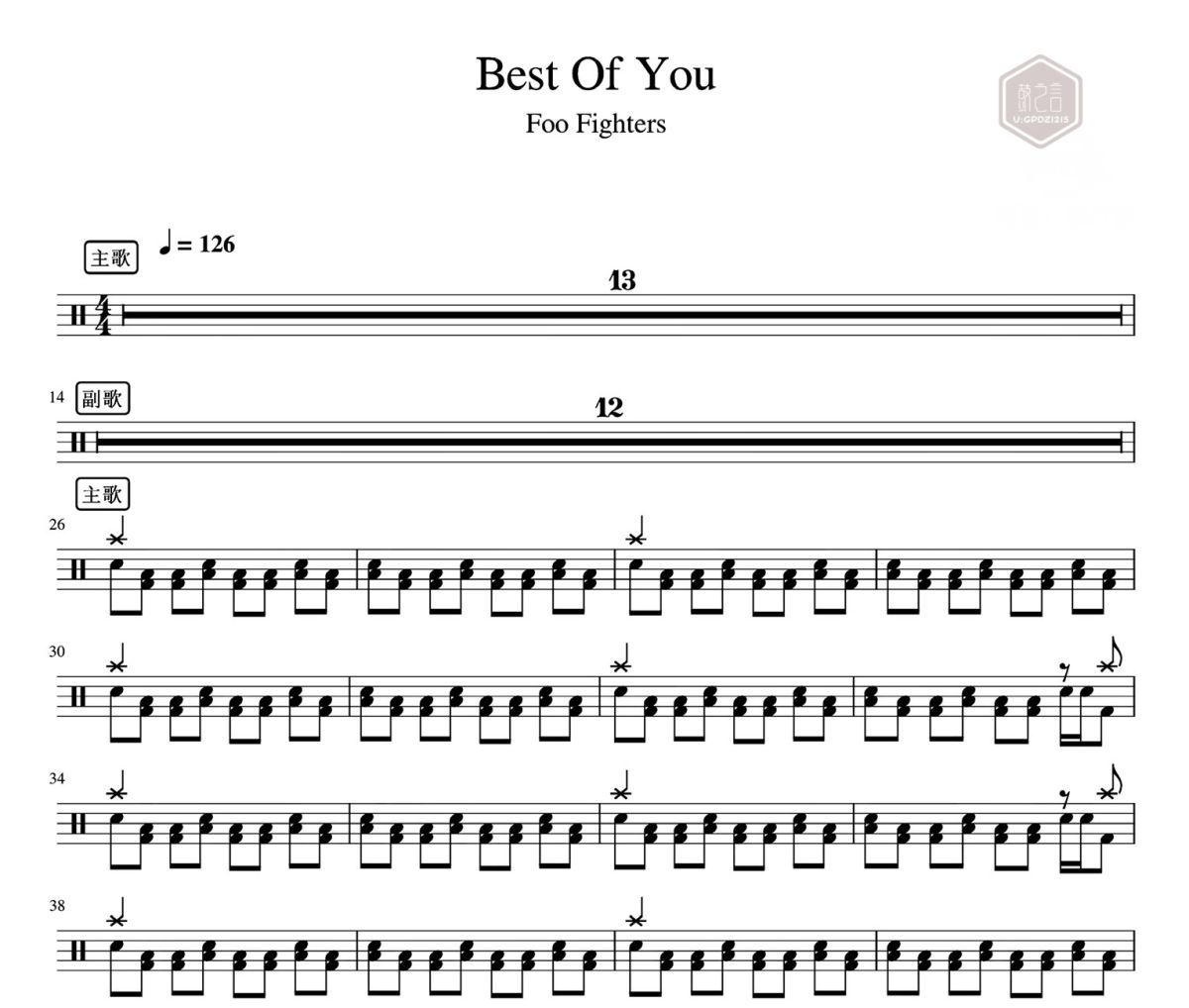 Best Of You鼓谱 Foo Fighters-Best Of You爵士鼓|鼓谱