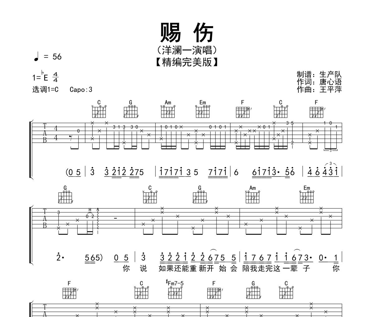 賜傷吉他譜 洋瀾一 賜傷六線譜C調(diào)指法編配