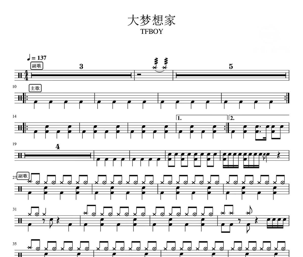 大梦想家鼓谱 TFBOYS-大梦想家爵士鼓|鼓谱