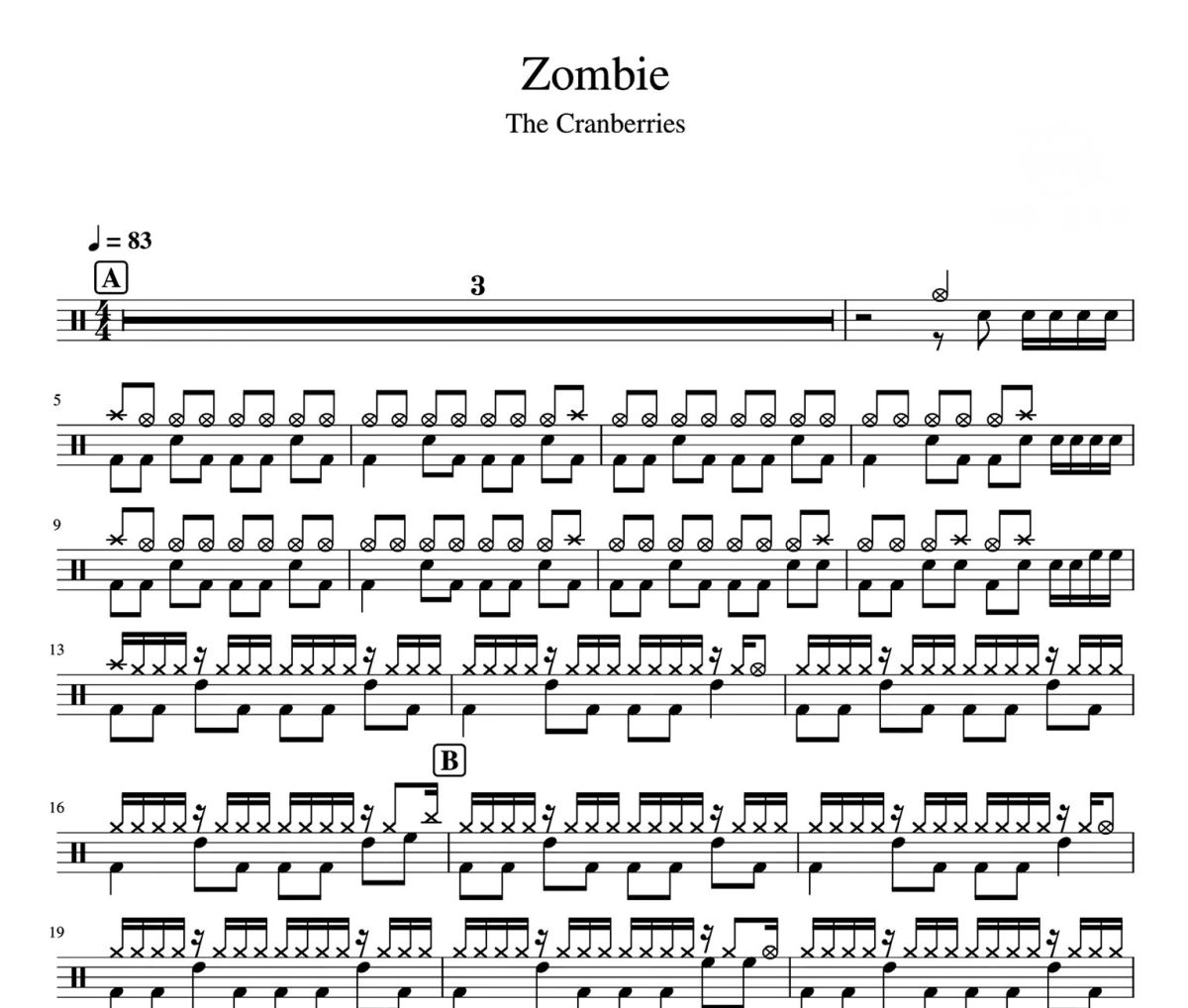 Zombie 鼓谱 The Cranberries-Zombie爵士鼓鼓谱