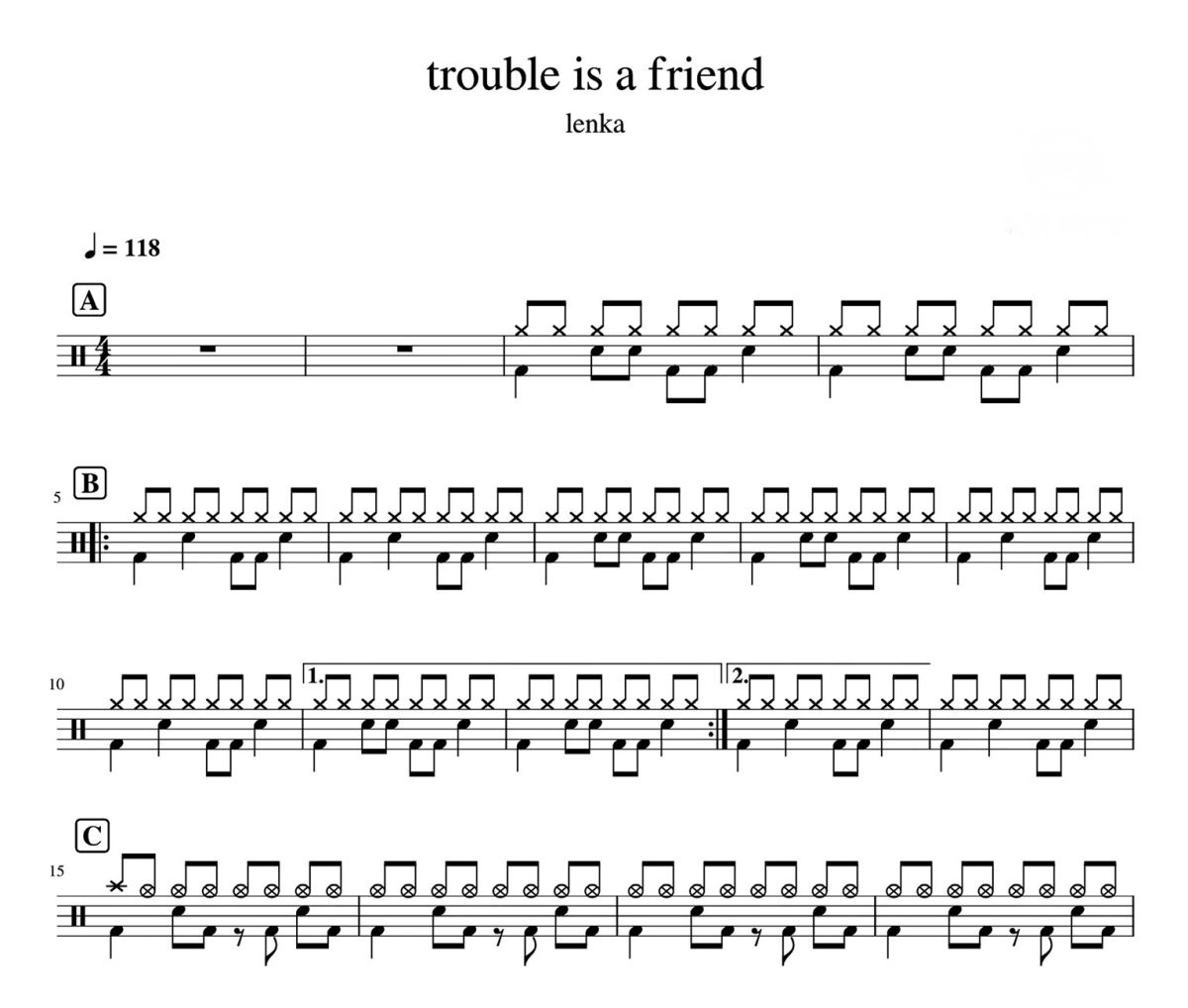 Trouble is a friend鼓谱 lenka-Trouble is a friend架子鼓|爵士鼓|鼓谱