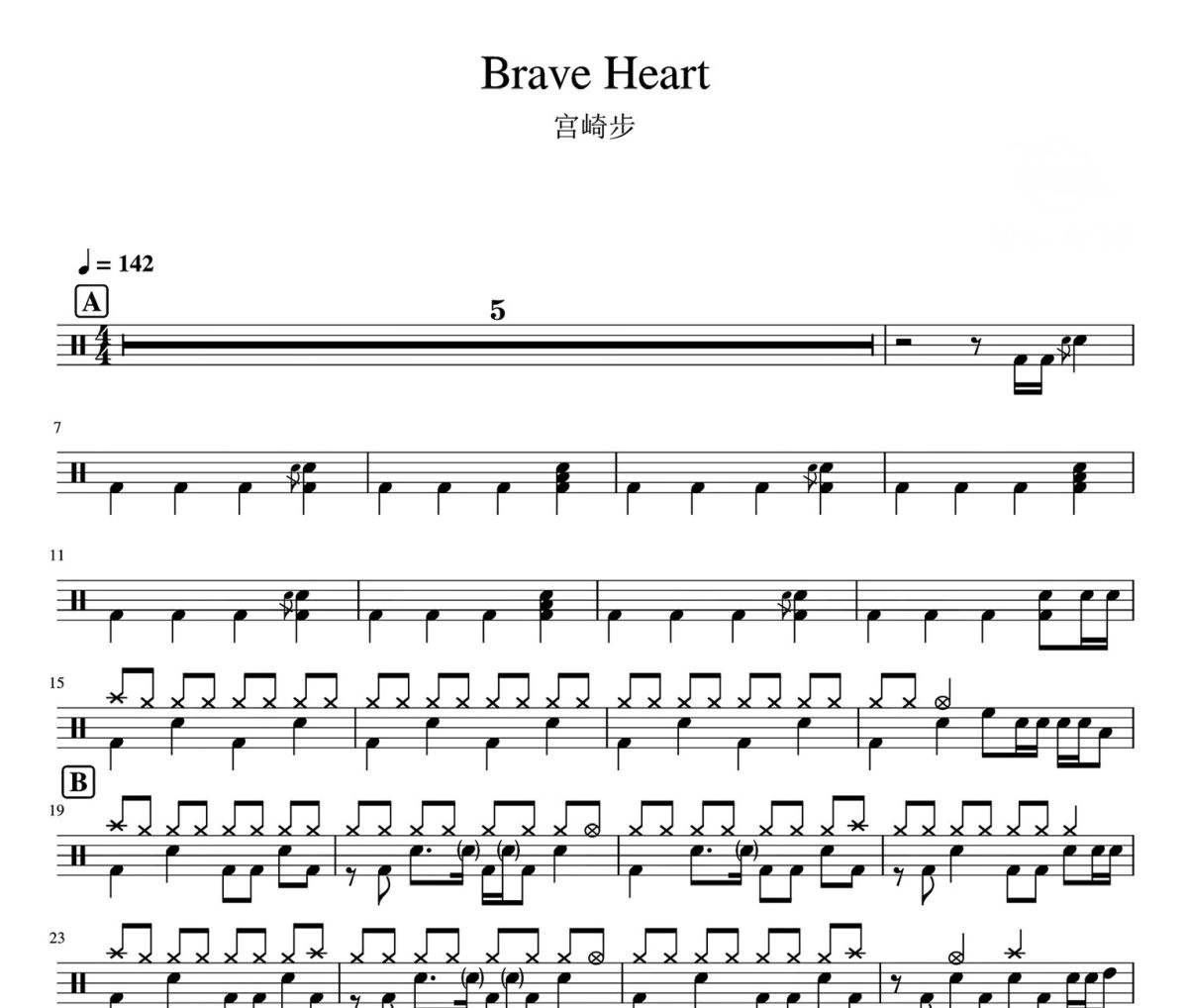 Brave Heart 鼓谱 宫崎步-Brave Heart架子鼓|爵士鼓|鼓谱